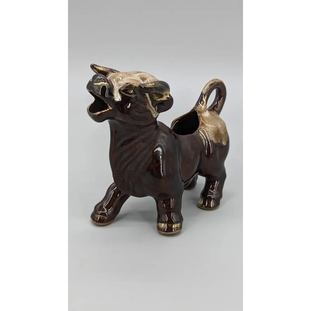 Vintage MCM Stoneware Ceramic Brown & Gold Bull Coffee Creamer Dish 6